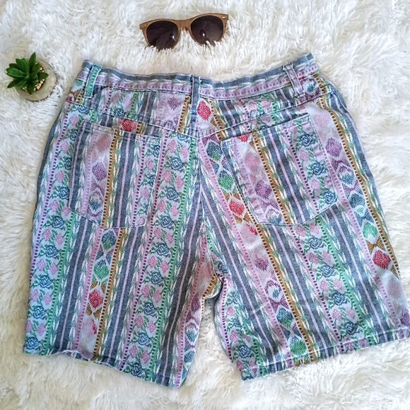 Vintage 80s Denim Republic Floral Striped High Waisted Shorts - Picture 7 of 9